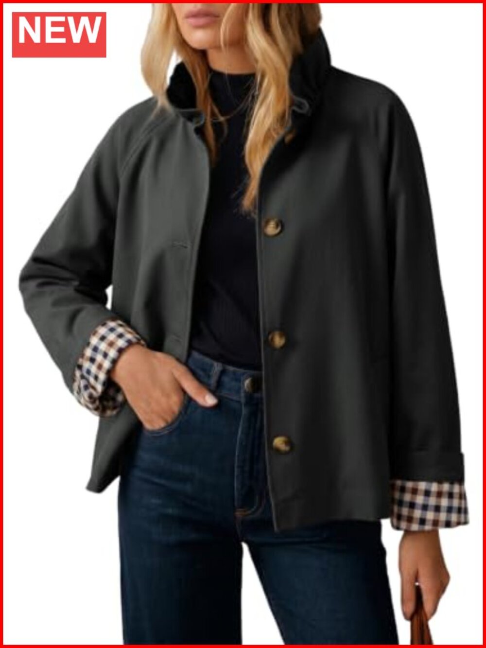 Lightweight Single Breasted Trench Coat with Plaid Lining Cuffs and Ruffle